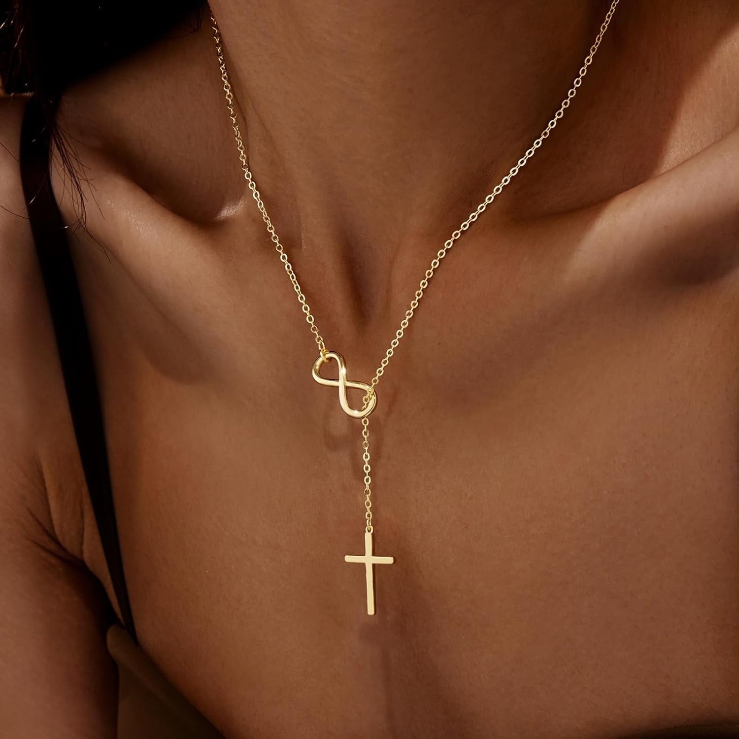 Gold Necklace for Women Dainty Infinity Cross Pendant Necklace Non Tarnish & Waterproof Layered CZS Jewelry for Everyday Wear Simple Trendy Choker Minimalist Faith Christian Cross Gifts