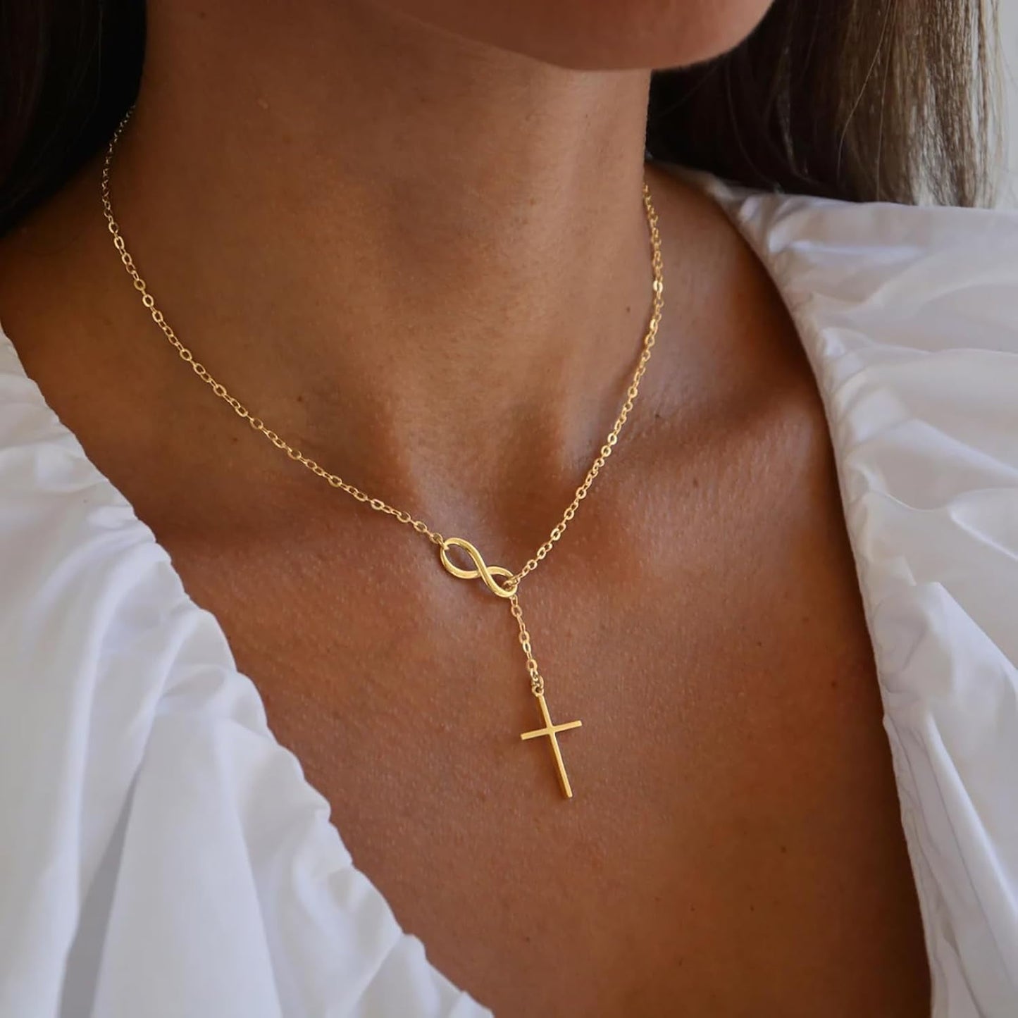 Gold Necklace for Women Dainty Infinity Cross Pendant Necklace Non Tarnish & Waterproof Layered CZS Jewelry for Everyday Wear Simple Trendy Choker Minimalist Faith Christian Cross Gifts