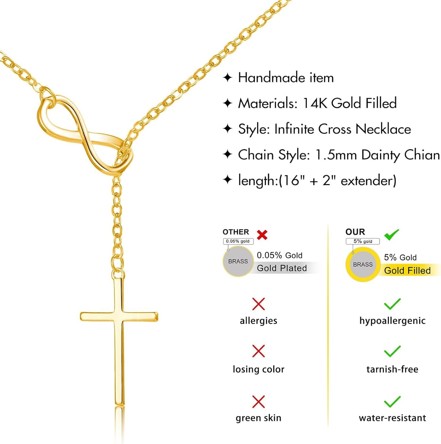 Gold Necklace for Women Dainty Infinity Cross Pendant Necklace Non Tarnish & Waterproof Layered CZS Jewelry for Everyday Wear Simple Trendy Choker Minimalist Faith Christian Cross Gifts